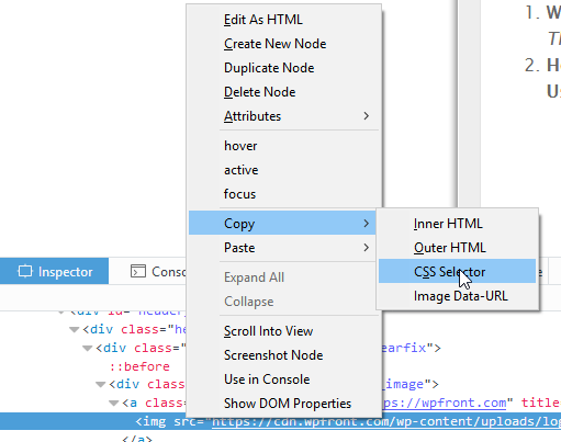 Firefox copy CSS selectrm